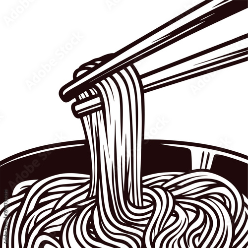 Black and white illustration of chopsticks lifting noodles from a bowl in hand drawn vintage engraving