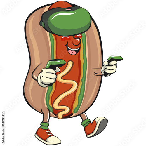 cute hot dog mascot cartoon vector illustration entering virtual reality with technology, funny fast food character isolated on transparent background, work of hand drawn