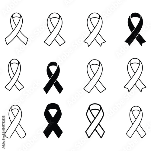 Collection of awareness ribbons in black and white outline isolated on white background