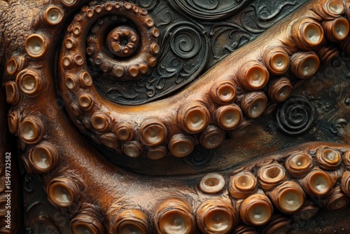 Close-up of giant pacific octopus tentacles showing suction cups and curls, creating an intricate and captivating pattern