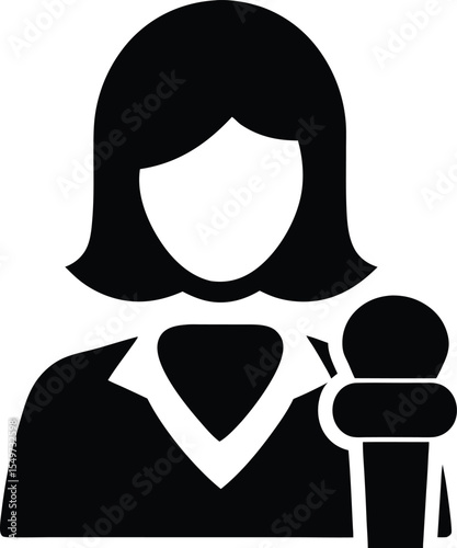 Female Reporter Icon with Microphone Journalism and Broadcast News Symbol in Black and White