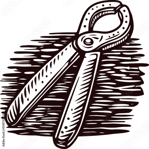 Hand drawn vintage illustration of carpenter’s pliers tool on textured background in engraving