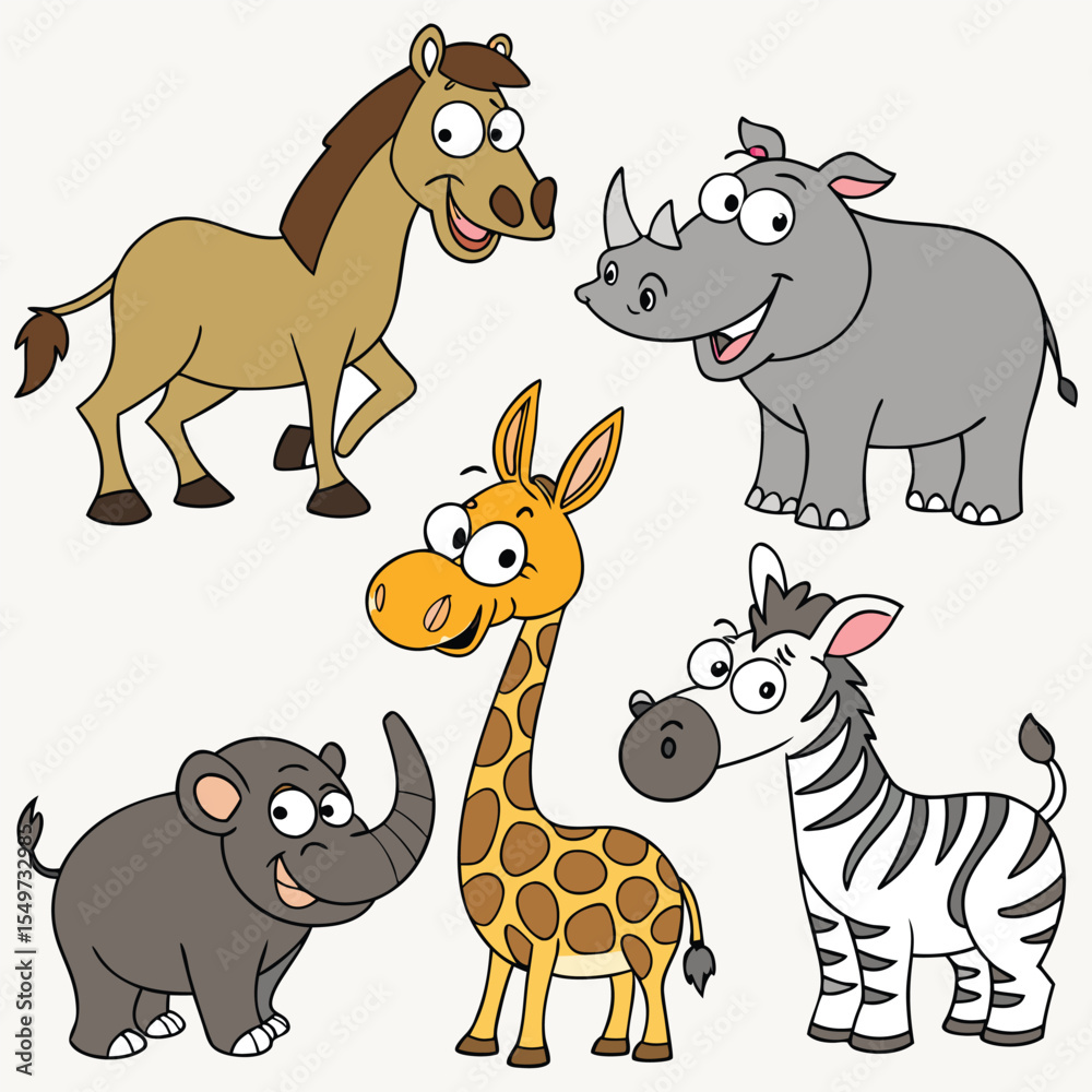 Obraz premium A collection of cartoon animals, including a horse, rhinoceros, armadillo, yak, giraffe, donkey, deer, fox, elephant, and zebra Illustration vector design
