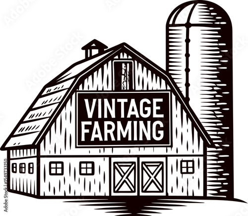 Vintage farmhouse with large barn and silo illustration, rustic rural farming building in engraving