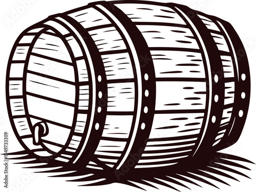 Vintage wooden barrel illustration in hand drawn engraving on white background