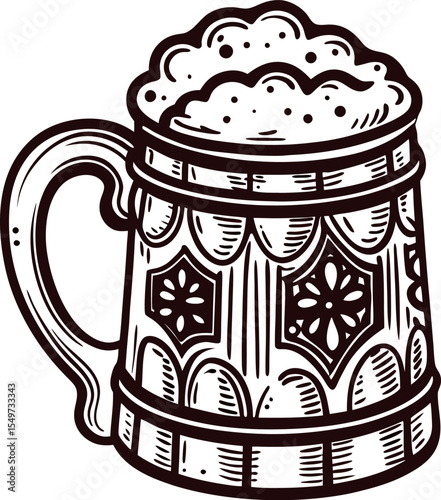 Vintage engraved illustration of a beer mug filled with foamy beer, classic ornate stein hand drawn