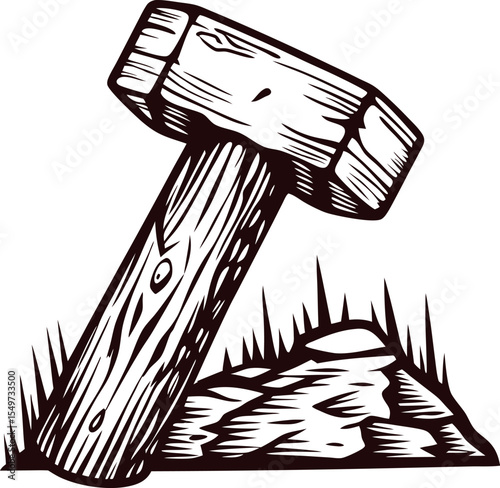 Vintage engraved drawing of a wooden mallet on stone with grass isolated on white background