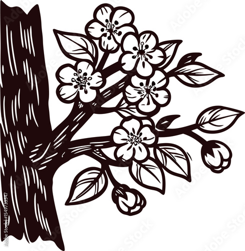 Vintage hand drawn blooming cherry tree branch with flowers and buds in sketch isolated on white background