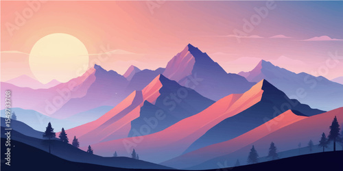 Beautiful mountain landscape at sunrise or sunset, showcasing the sky, clouds, and majestic peaks with hints of snow and mist