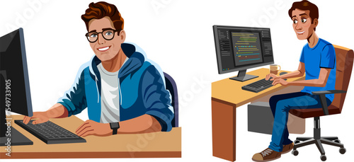 male programmer sits at computer set