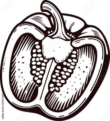 Vintage engraved cross section of bell pepper detailed botanical illustration in black and white line art