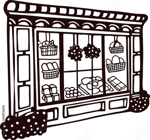 Hand drawn vintage grocery storefront with basket display and produce in windows
