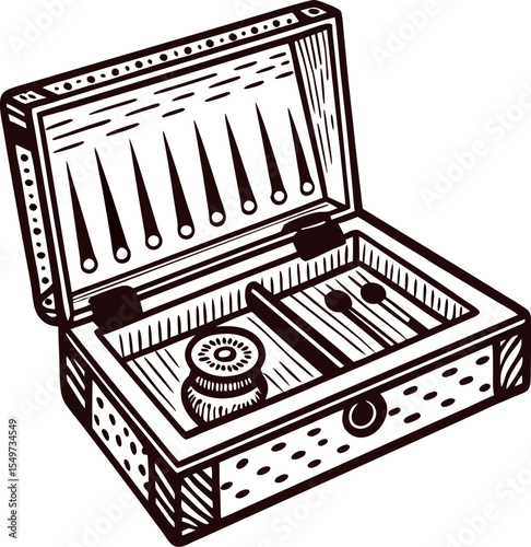 Vintage engraved illustration of an open wooden tool box containing files, gears and small instruments