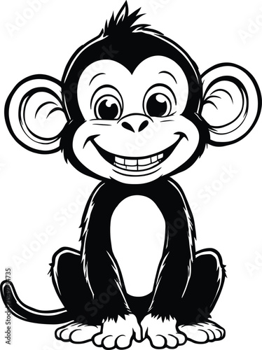 Black and white vector illustration of a friendly cartoon monkey sitting with legs apart, hands on knees, large round eyes, toothy smile, and oversized ears, designed in a minimalistic silhouette 