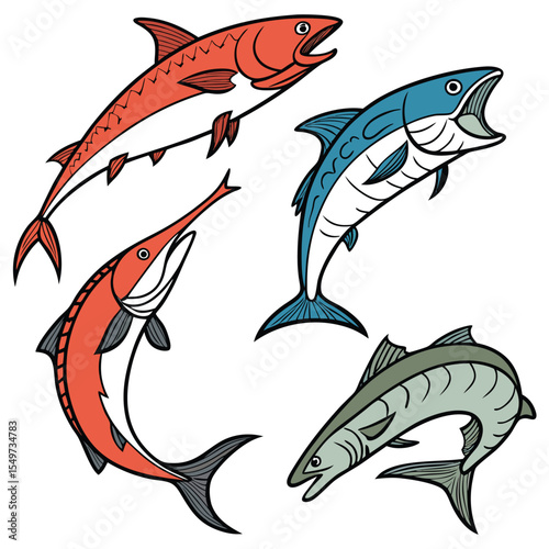 Dorado Fish in Fast Motion,salmon fish,Barracuda Fish Vintage,Yellowfin Tuna Fish,Cute Salmon animal Illustration vector design