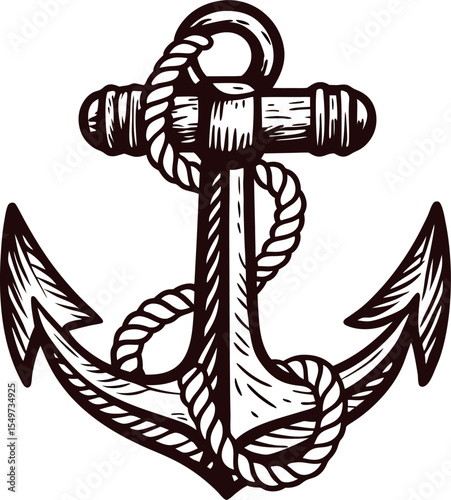 Vintage hand drawn anchor with twisted rope in retro nautical isolated on white background illustration