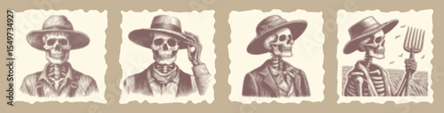 Vintage farmer skeleton with hat halftone stipple dotted effect vector bundle design, retro dotted texture, old-school farming illustration, detailed vector art, rustic skeleton farmer