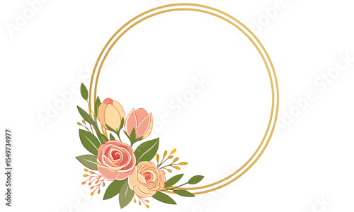Elegant floral arrangement with soft pink and peach roses and green leaves adorning a double golden oval frame isolated on white background