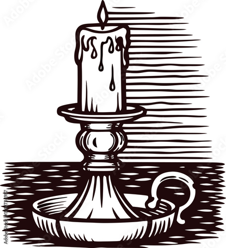 Vintage hand drawn candle with dripping wax in a classic metal holder on wood surface, retro engraving
