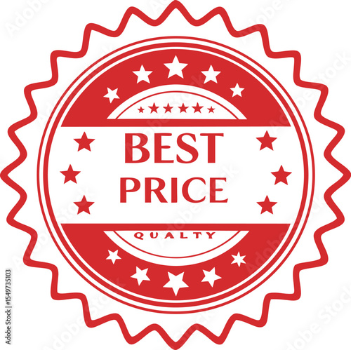 Red Best Price Badge Label Vector – Quality Guarantee Star Seal Icon for Discount Offer, Promotion, Sale, Marketing, E-commerce Design