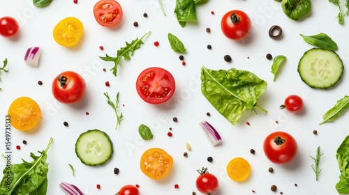 A vibrant flat lay showcasing fresh vegetables, herbs, and spices, arranged in a repeating pattern on a white background