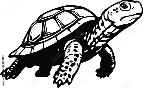 Black and white vector illustration of a walking turtle with raised head, intricately segmented shell, and textured scaly limbs, designed in a minimalistic silhouette style to represent slow movement,