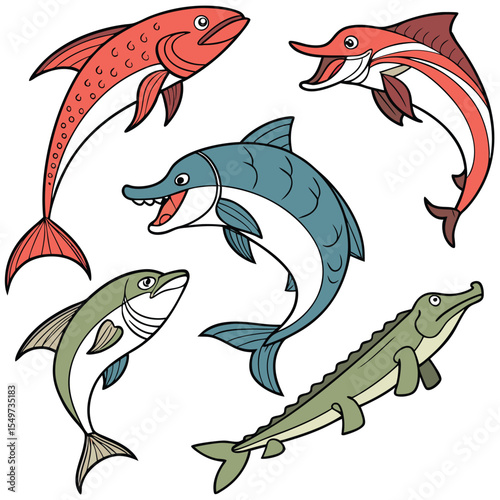 Dorado Fish in Fast Motion,salmon fish,Barracuda Fish Vintage,Yellowfin Tuna Fish,Cute Salmon animal Illustration vector design