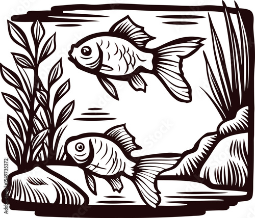 Hand drawn aquarium scene with two goldfish and aquatic plants in vintage engraved illustration