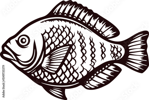 Detailed hand drawn illustration of freshwater fish with scales and fins, isolated on white background