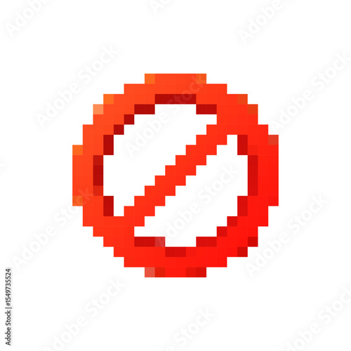 Red circle with diagonal line, pixel style. symbolizes no entry or prohibition in digital form.