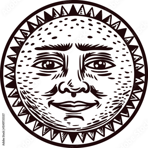 Vintage hand drawn sun face illustration with detailed engraving and geometric border in monochrome