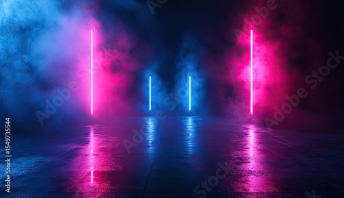 Neon lights stage with smoky atmosphere