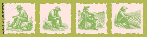Halftone stipple dotted effect vector bundle design of farmer sitting on stone in green color, detailed dotted texture illustration, rural agricultural theme, vintage style, digital art set