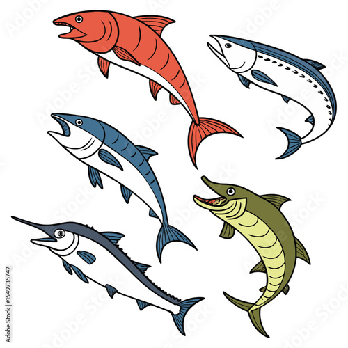 Dorado Fish in Fast Motion,salmon fish,Barracuda Fish Vintage,Yellowfin Tuna Fish,Cute Salmon animal Illustration vector design