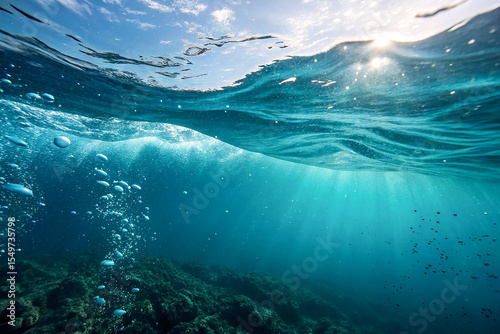 A serene underwater scene depicting waves just below the ocean’s surface
