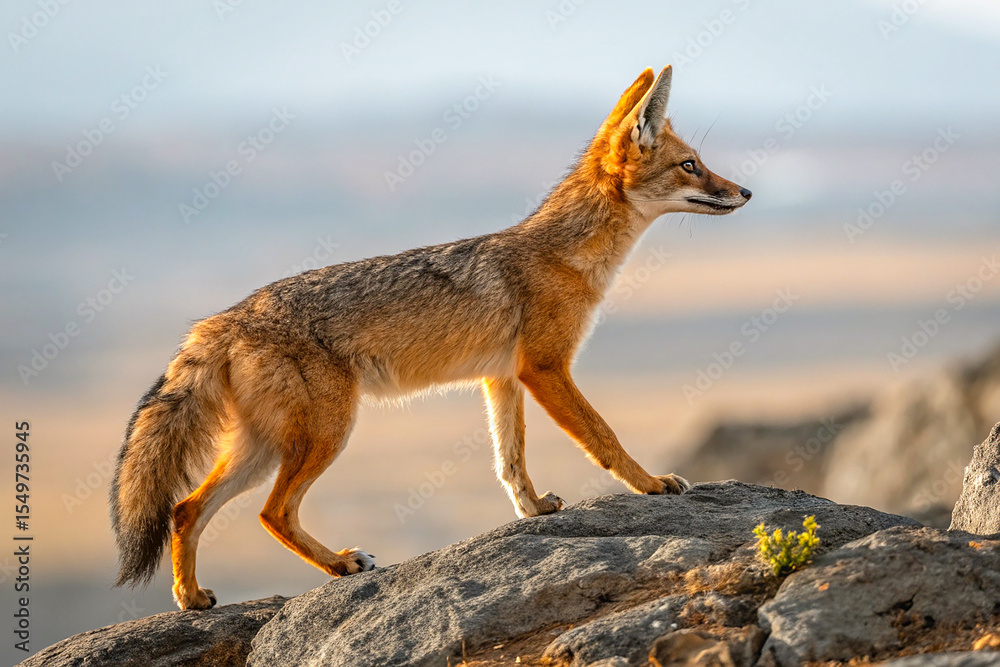 Obraz premium A slender, brown fox stands on a rocky outcrop with the wind rustling through its fur