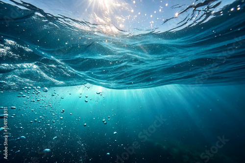 A serene underwater scene depicting waves just below the ocean’s surface