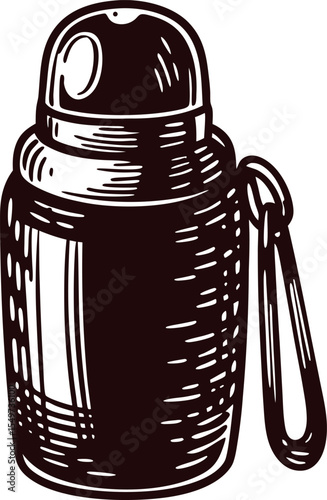 Hand drawn vintage thermos bottle with carabiner isolated engraved sketch illustration in monochrome