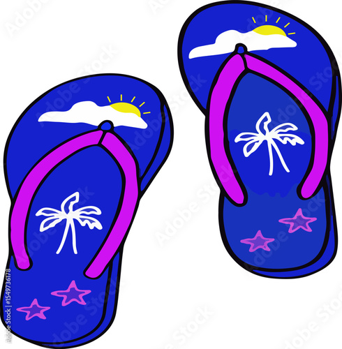 Hand-drawn Summer Beach Icon, Cartoon Flip Flops Slipper Illustration – Vacation, Sand, Ocean, and Fun Footwear