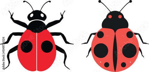 Black and red vector illustration of two stylized ladybugs with distinctive black spots and six legs, shown in minimalistic silhouette style to represent garden insects, natural charm, and decorative 