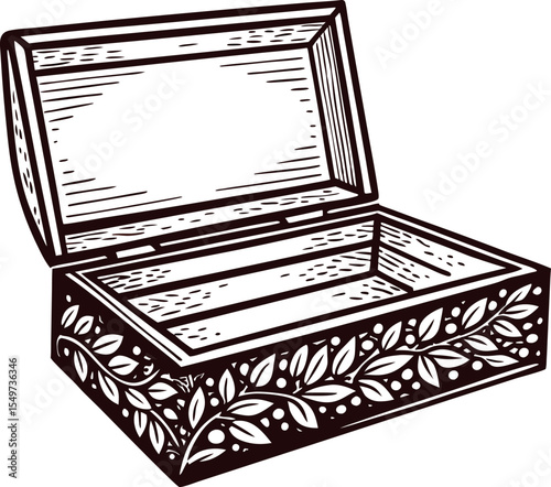Hand drawn wooden box with engraved floral pattern and open lid isolated on white background