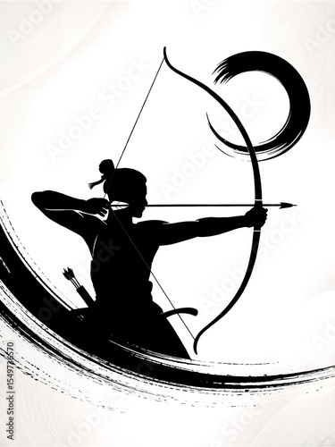 Silhouette of an archer drawing a bow with japanese ink brush strokes