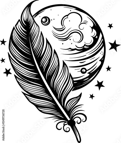 Detailed hand drawn feather quill with celestial moon and stars in black and white vintage engraving