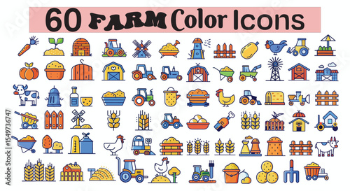 Collection of Farm Color Icons - Displaying Various Agricultural Elements and Concepts for Design and Visual Communication Projects.