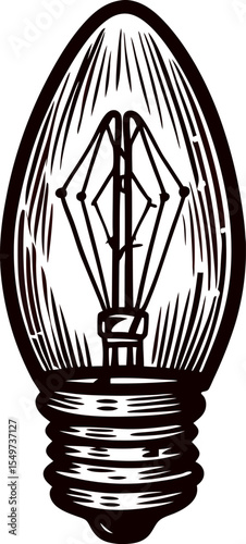 Hand drawn vintage incandescent light bulb illustration with detailed filament and screw base isolated on white