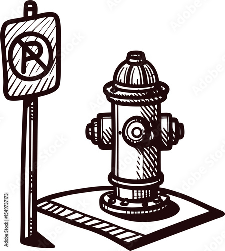 Hand drawn fire hydrant and no parking sign on city sidewalk in engraved vintage sketch
