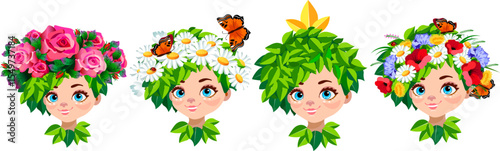 face of  girl with wreaths of flowers on her head