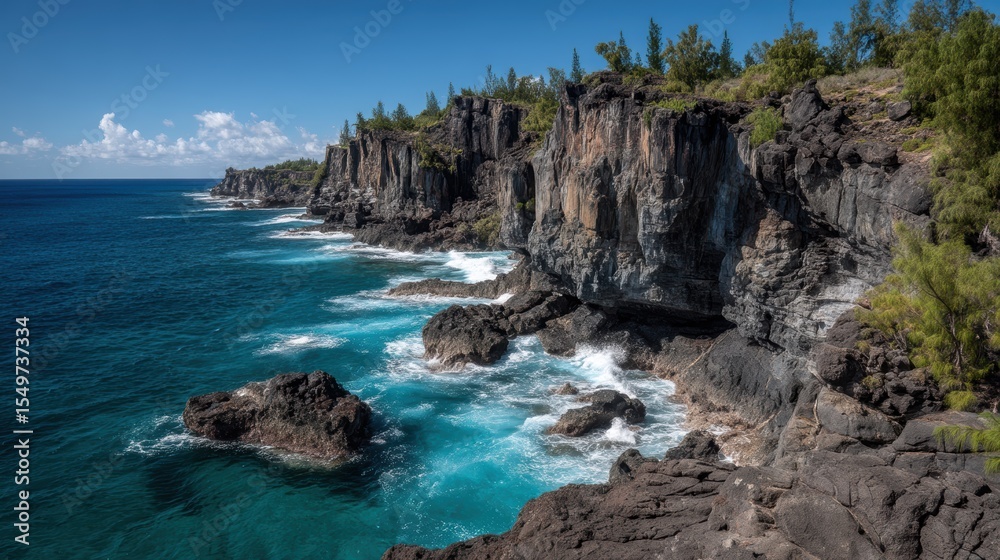 Obraz premium Rugged coastal cliffs with turquoise waves crashing against basalt rocks