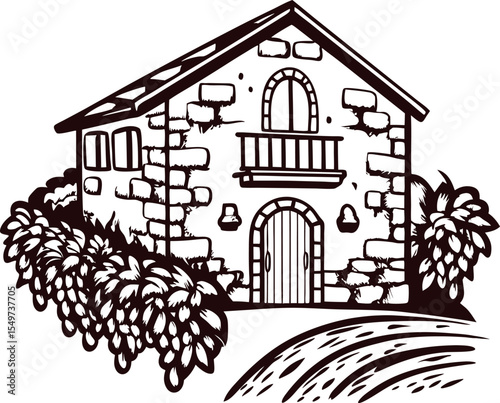 Rustic countryside stone house sketch with bushes and arched door balcony illustration