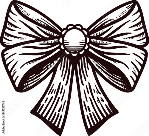 Hand drawn vintage bow with detailed ribbon lines and ornamental knot isolated on white background